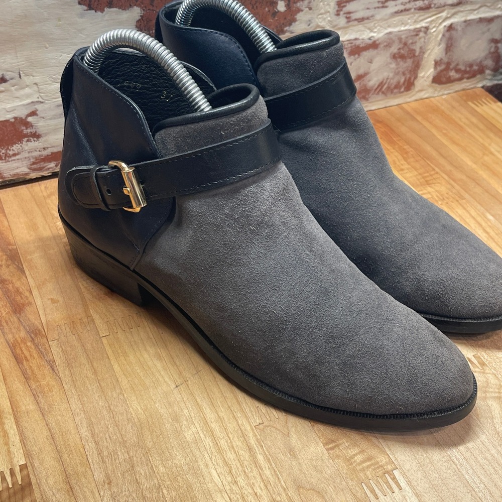 Craie Grey Suede Navy Leather Buckle Ankle Boots Size 37‎ Gold Hardware France